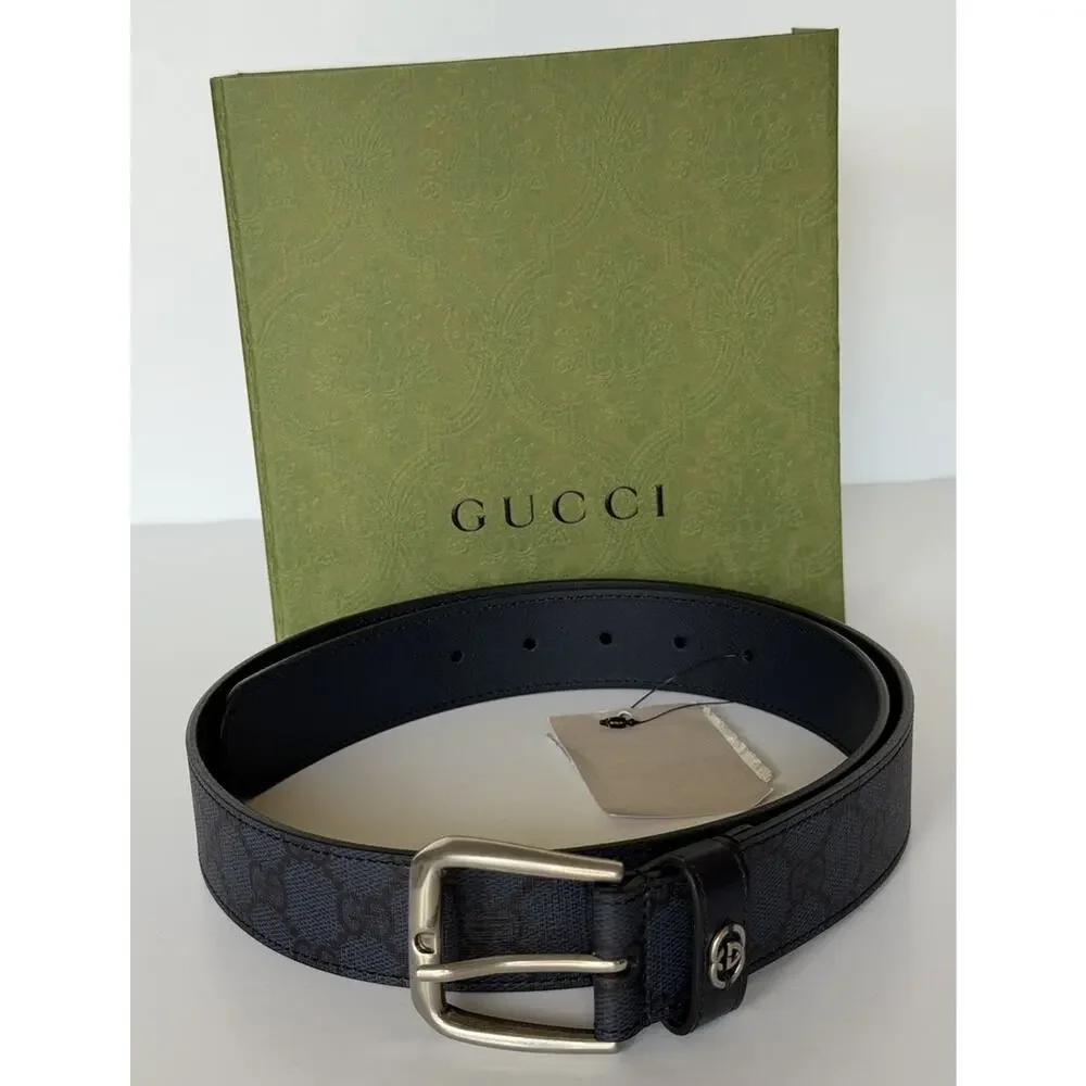 Gucci Interlocking GG Supreme Details Leather Belt Blue/Black 115/46 673921 NWT